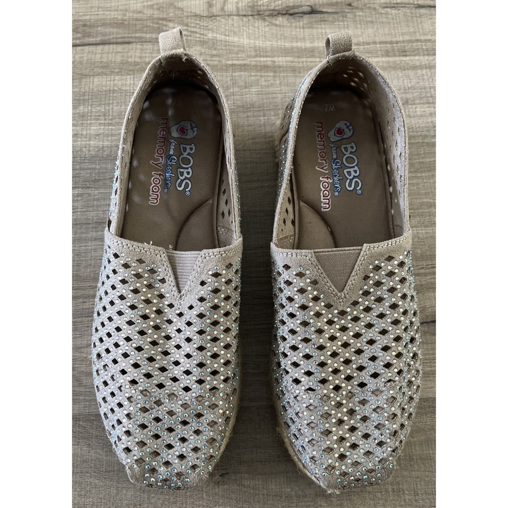 BOBS from Skechers Tan Wedge Slip On, Sparkle Accent, Size 7 W